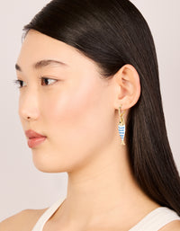 Gold White & Blue Striped Fish Huggie Earrings - link has visual effect only