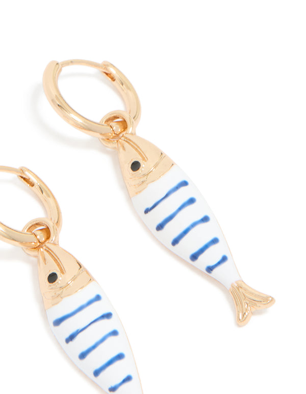Gold White & Blue Striped Fish Huggie Earrings