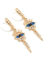 Showcasing gold diamante evil eye featuring huggie earrings with blue and black accents front view - link has visual effect only