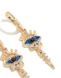 Crafted from gold with diamante evil eye featuring huggie earrings in blue and black on ear view - link has visual effect only