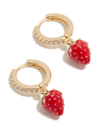 Showcasing gold cubic zirconia strawberry huggie earrings with fruit details in red, green, and white front view - link has visual effect only