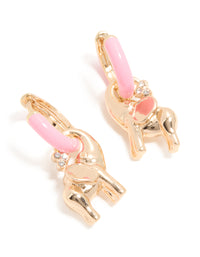 Featuring huggie style featured elephant earrings crafted from enamel in light pink and gold front view - link has visual effect only