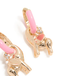 Showcasing huggie style elephant earrings crafted from enamel in light pink and gold close up view - link has visual effect only