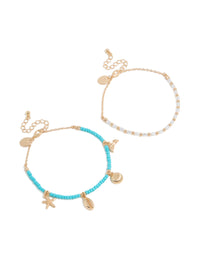 White & Blue Beaded Sea Life Charm Anklets 2-Pack - link has visual effect only