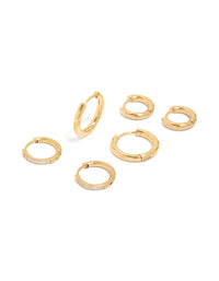 Waterproof Gold Plated Stainless Steel Cubic Zirconia Essential Stacking Huggie Earrings 3-Pack - link has visual effect only