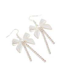 Elegant ribbed bow with cupchain drop earrings in silver front view - link has visual effect only