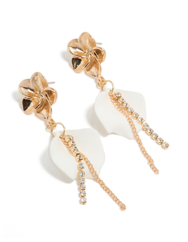 Stunning gold diamante flower and white flat disc drop earrings featuring charm design front view