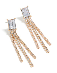 Showcasing gold diamante dangle earrings featuring tassel strands with clear gemstones front view - link has visual effect only