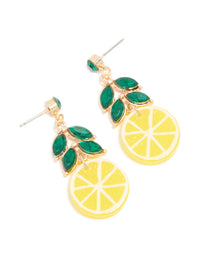 Showcasing statement drop earrings featuring fruit lemon with leaf details in gold front view - link has visual effect only