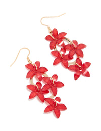 Showcasing gold red four flower drop earrings featuring floral in statement style front view - link has visual effect only