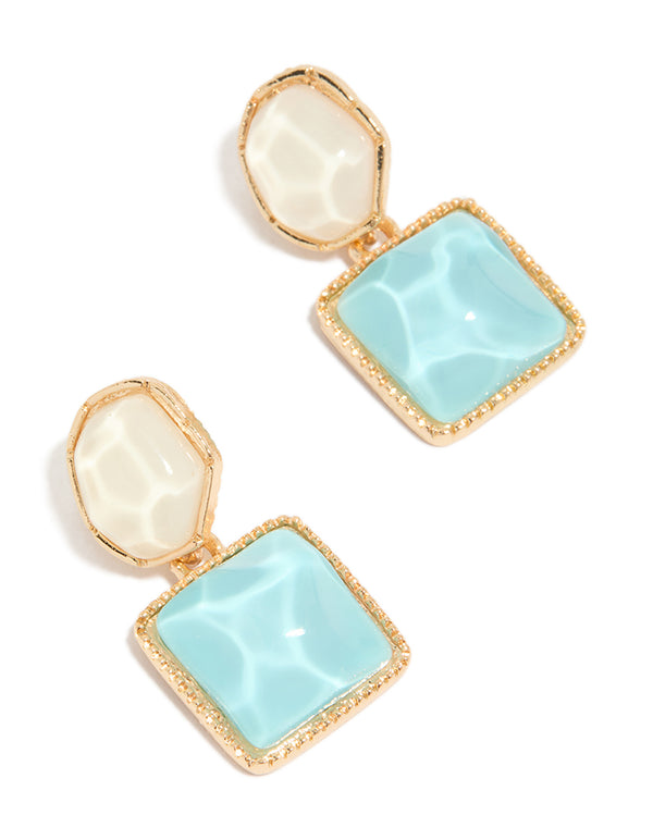 Showcasing gold organic pool effect drop earrings featuring round and square shape in pale turquoise and ivory front view