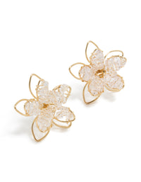 Featuring gold acrylic petal flower stud earrings with floral feature front view - link has visual effect only