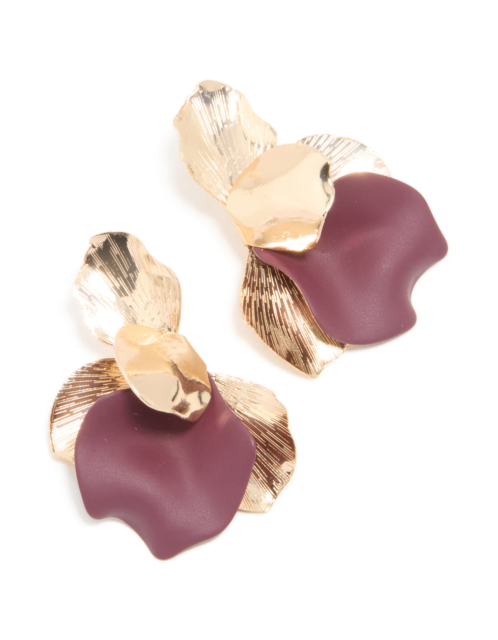 Showcasing statement stud earrings with half floral feature in maroon and gold tones front view