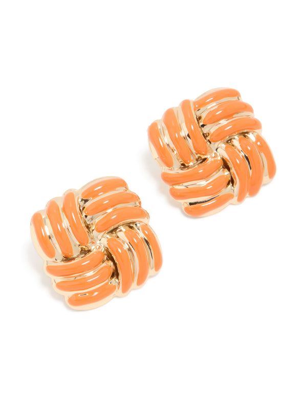 Featuring gold plated orange square stud earrings front view