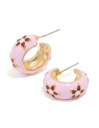 Showcasing gold pink acrylic flower huggie earrings with floral pattern in light pink and maroon hues front view - link has visual effect only