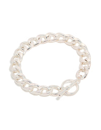 Showcasing a silver chunky T-bar bracelet with bar detailing front view - link has visual effect only