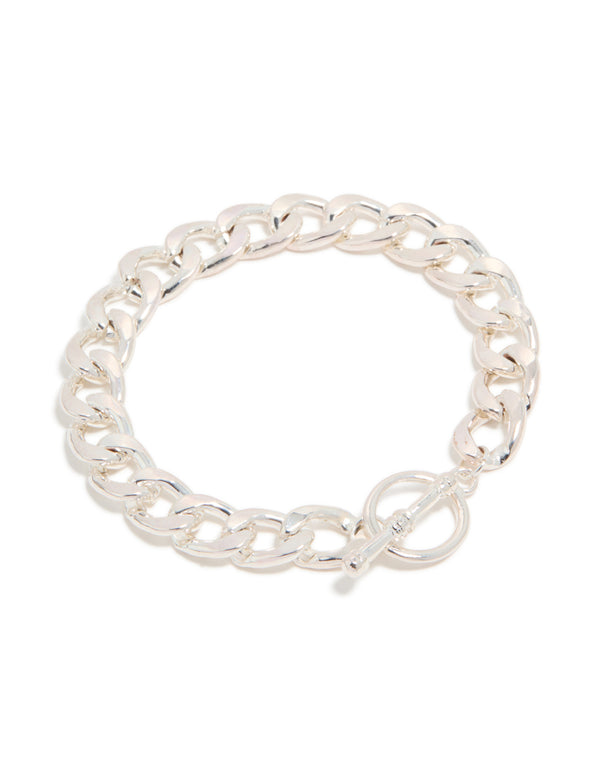 Showcasing a silver chunky T-bar bracelet with bar detailing front view