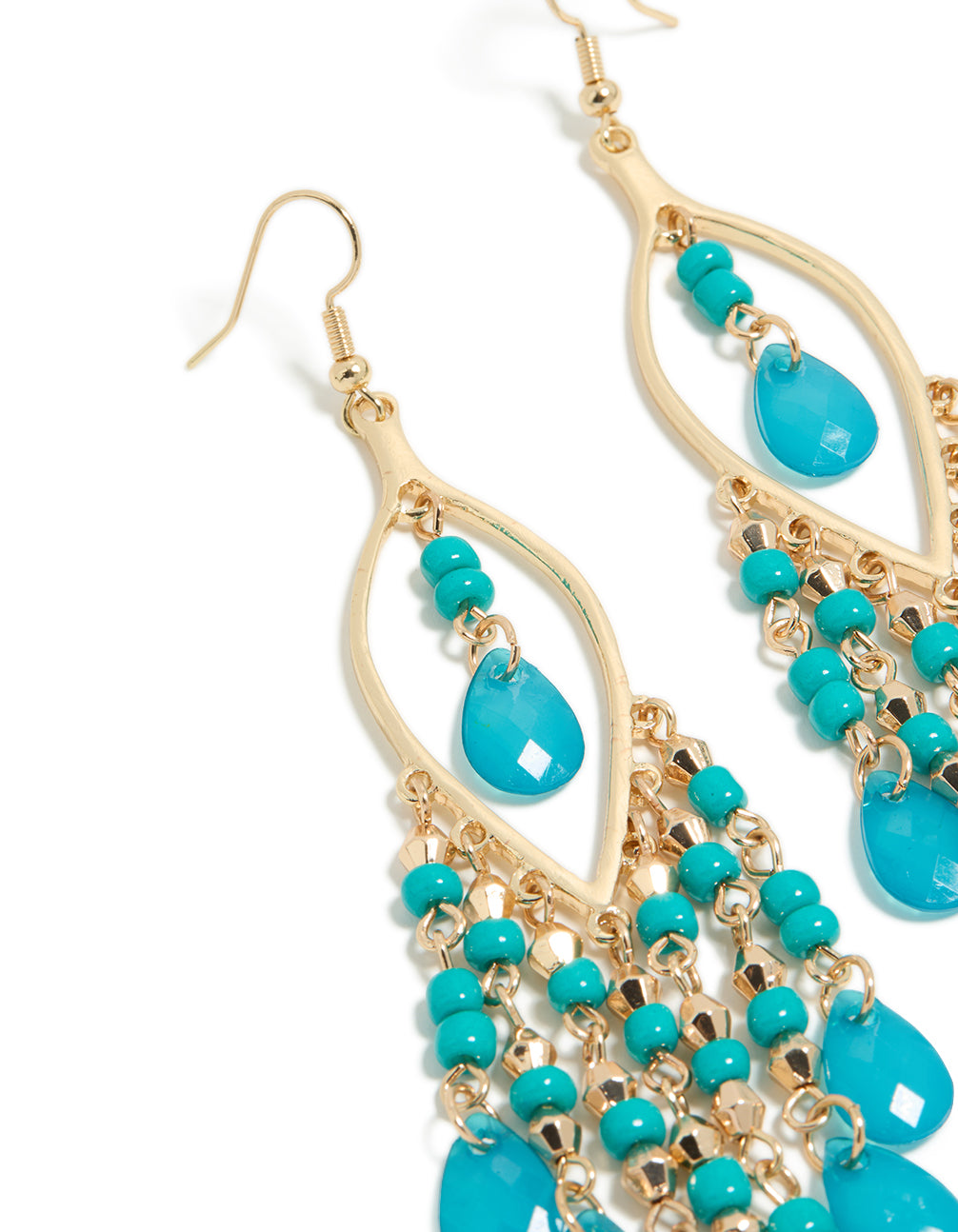 Gold Blue Beaded Oval Fish Hook Drop Earrings