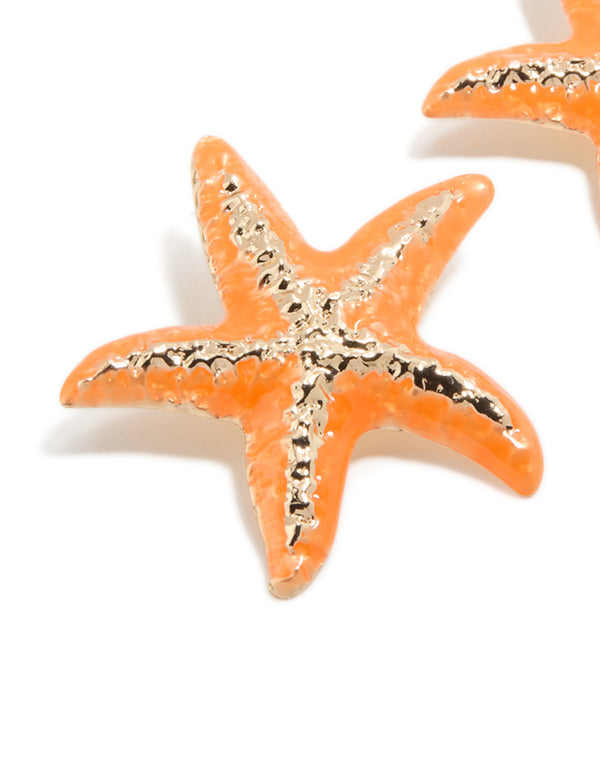 Orange Coated Metal  Starfish Statement Stud Earrings