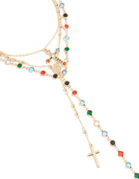 Gold See Through Glass Stone & Cross Layered Y-Necklace - link has visual effect only