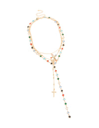 Gold See Through Glass Stone & Cross Layered Y-Necklace - link has visual effect only