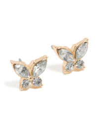 Showcasing dainty stud earrings with butterfly motifs featuring clear diamante stones in a gold finish front view - link has visual effect only