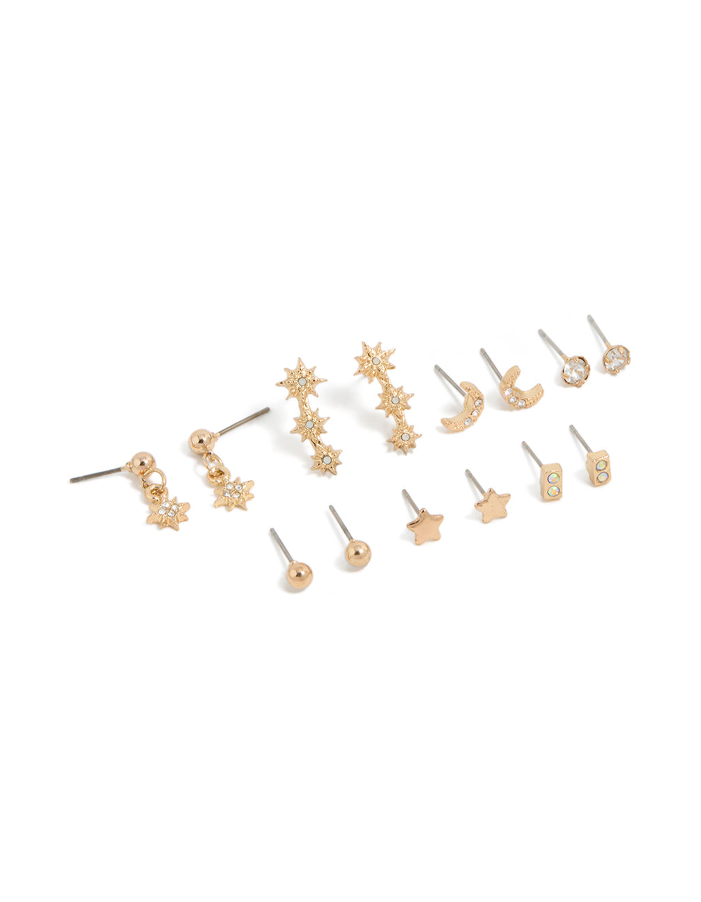 Discover this gold diamante earrings 7-pack featuring ball star and moon designs with glitter accents and stud closure front view