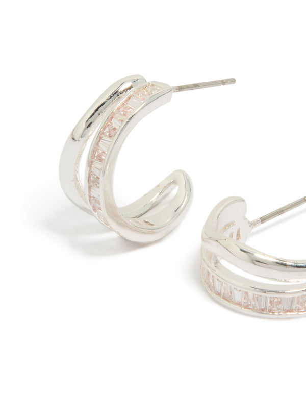 Silver Plated Cubic Zirconia Illusion Baguette Hoop Earrings