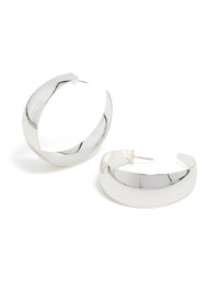 Elegant silver plated smooth thick hoop earrings with closure front view - link has visual effect only
