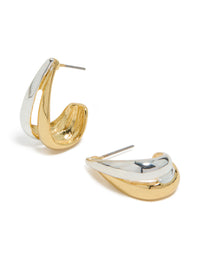 These mixed metal plated layered small hoop earrings feature gold and silver tones front view - link has visual effect only