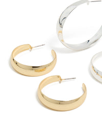 Featuring mixed metal plated thick and skinny hoop earrings in a 2-pack with gold and silver tones, chunky styling and hoop closure close up view - link has visual effect only