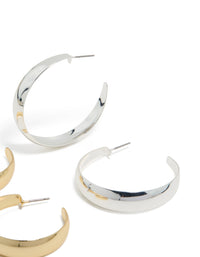 Showcasing mixed metal plated thick and skinny hoop earrings in a 2-pack with gold and silver tones, chunky styling and hoop closure post detail view - link has visual effect only