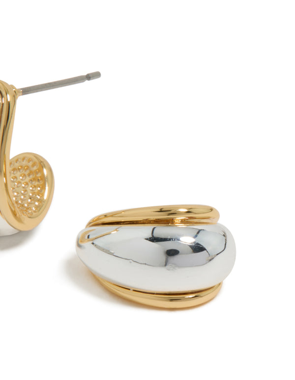 Detailed view of small teardrop drop earrings featuring mixed metal with gold plated and silver plated finishes post detail view