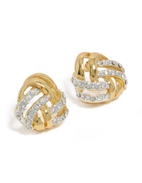 Showcasing mixed metal plated diamante knot stud earrings in gold, silver and clear stone front view - link has visual effect only