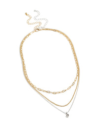 Featuring a mixed metal layered necklace with paperclip chain, diamante accents in gold and silver plated finish front view - link has visual effect only