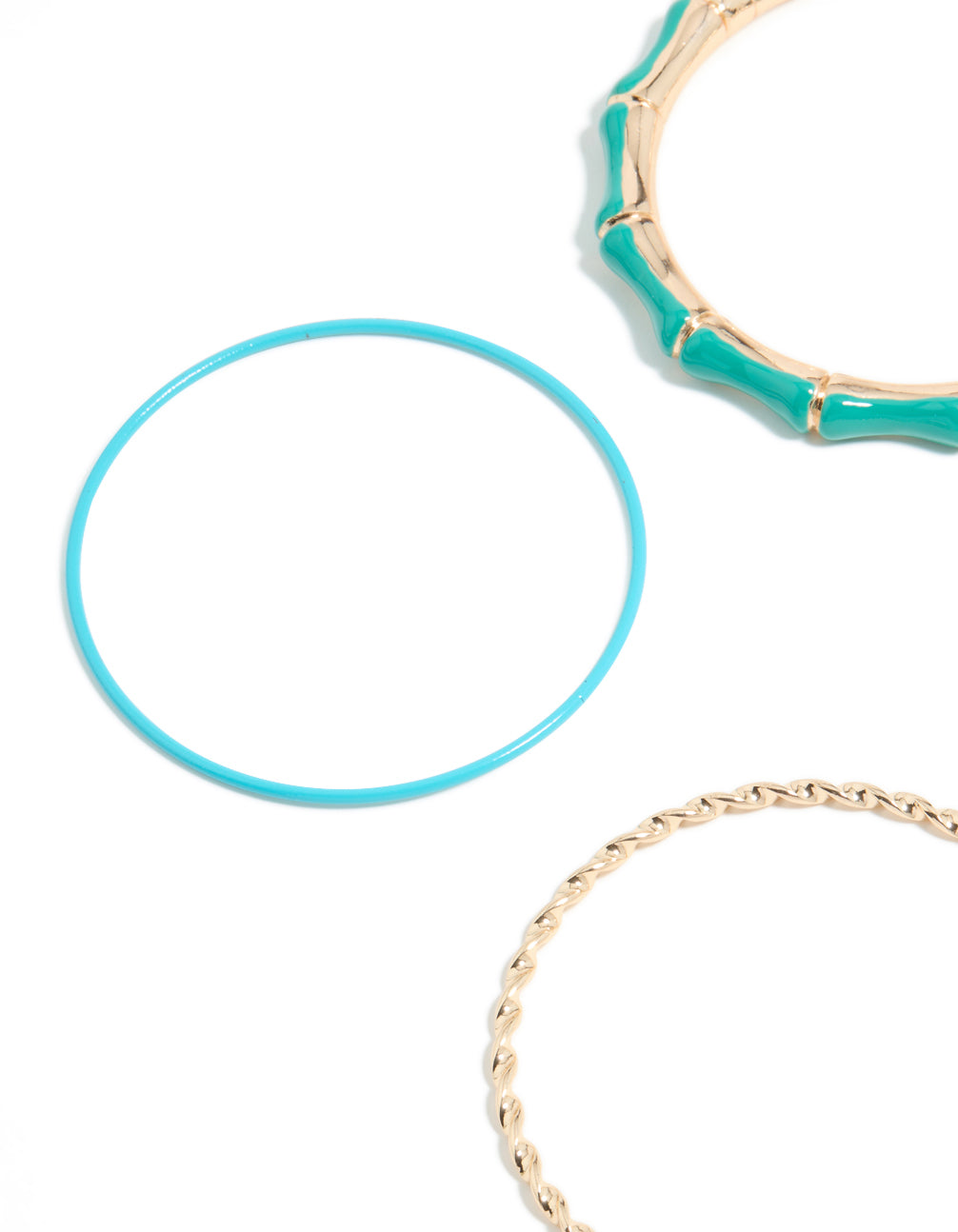 Crafted enamel statement chunky bangles in gold turquoise and aqua close up view