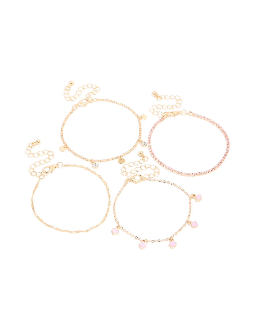 Featuring gold pink flower charm bracelets in a 4-pack front view