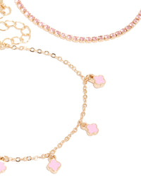Crafted from gold pink flower charm bracelets in a 4-pack close up view - link has visual effect only