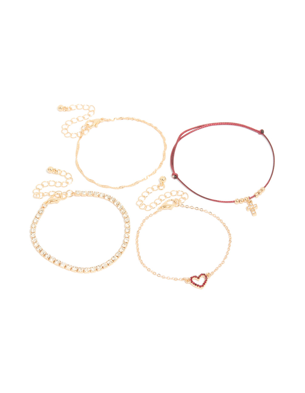 Featuring a 4-pack of burgundy cord bracelets cross and heart in gold front view