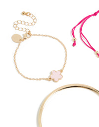 Featuring gold clover and hot pink cord bracelets in a 4-pack with floral details, light pink accents, and bangle styles close up view - link has visual effect only