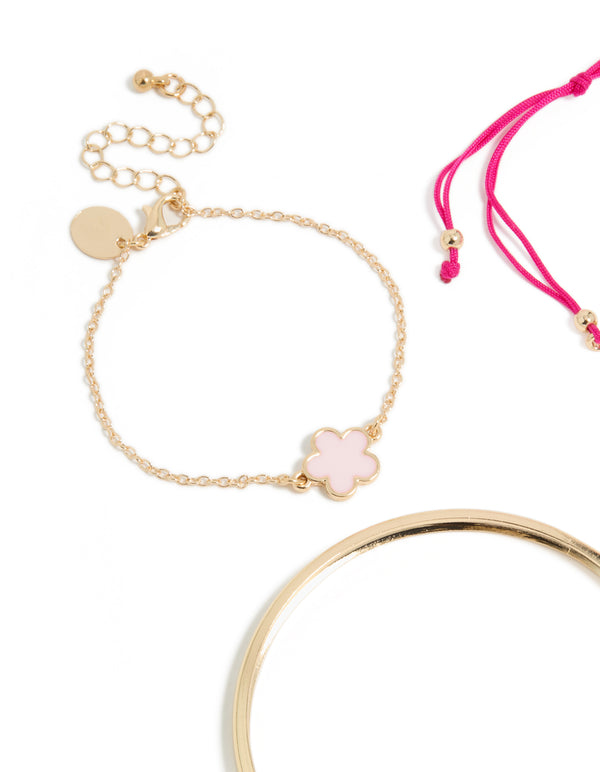 Featuring gold clover and hot pink cord bracelets in a 4-pack with floral details, light pink accents, and bangle styles close up view