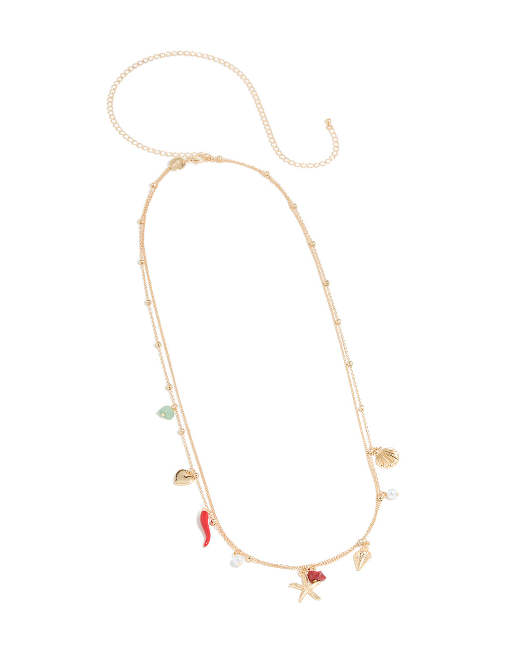 Showcasing a gold ball and shell charm layered waist chain with pearl accents, embellished detailing, and an ocean-inspired design in front view