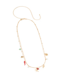 Showcasing a gold ball and shell charm layered waist chain with pearl accents, embellished detailing, and an ocean-inspired design in front view - link has visual effect only