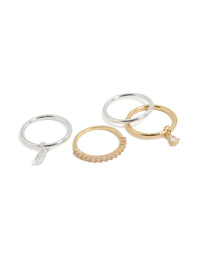 Showcasing a mixed metal plated organic cubic zirconia rings 4-pack with charm featuring gold and silver tones front view - link has visual effect only