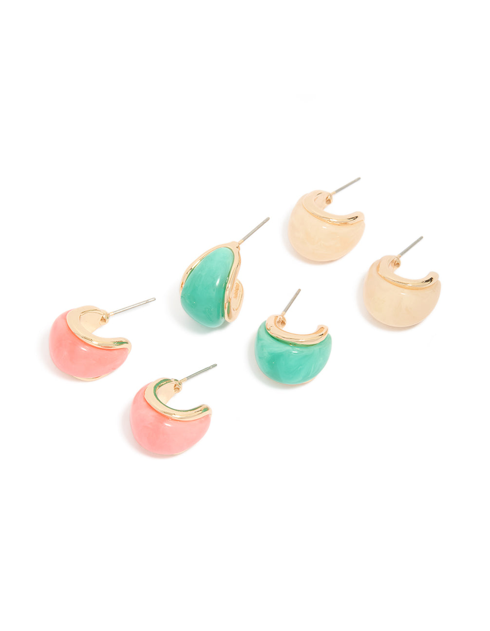 Featuring a set of light pink and blue enamel bubble hoop earrings in a 3-pack with gold finish front view