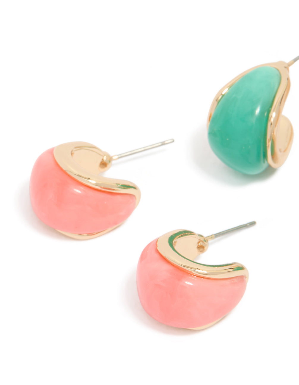 Showcasing light pink and blue enamel bubble hoop earrings in a 3-pack with gold finish close up view