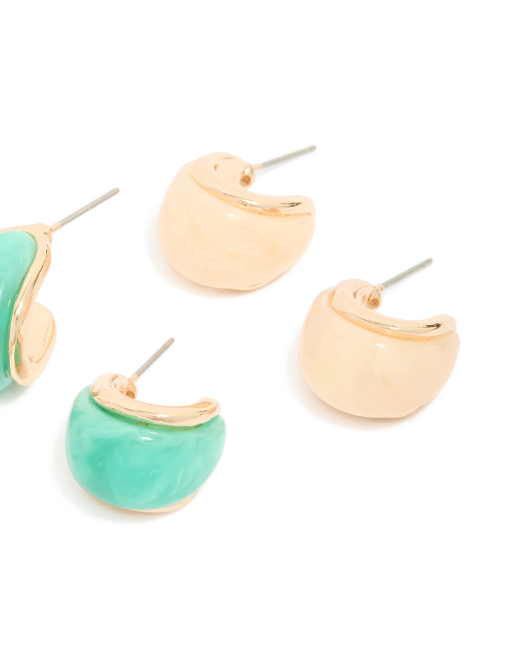 Designed with light pink and blue enamel bubble hoop earrings in a 3-pack crafted from gold finish post detail view