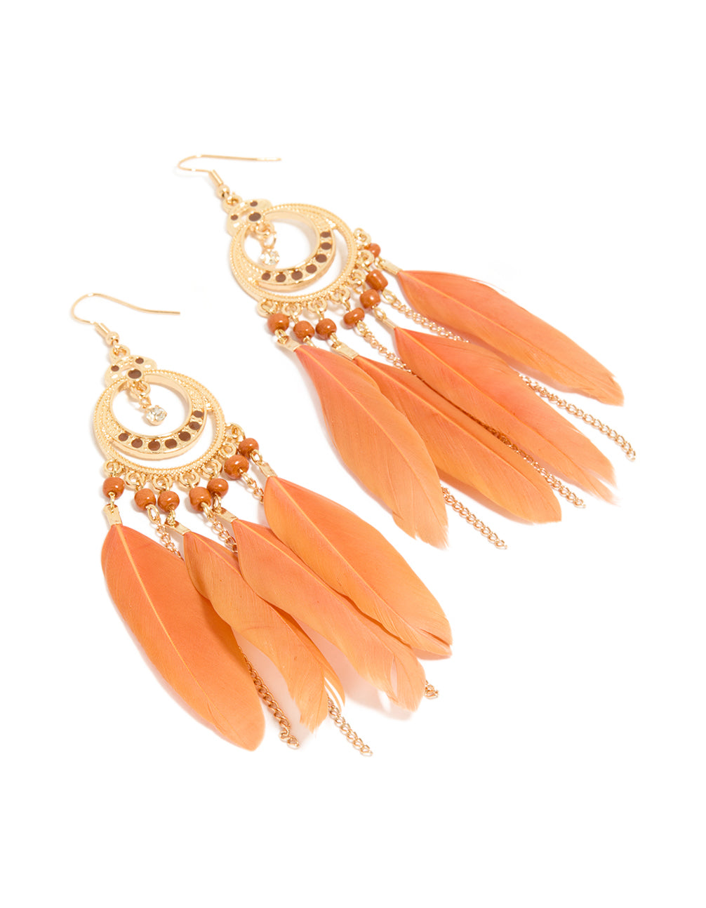 Showcasing statement drop earrings with beads, feathers design in gold and coral front view