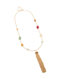 Showcasing long chain beaded, tassel statement necklace with gold and multicoloured elements front view - link has visual effect only