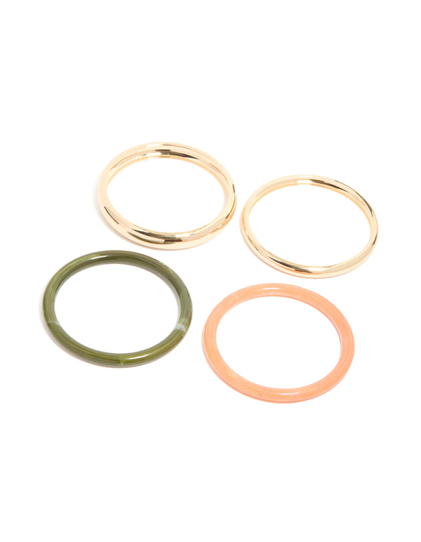 Beautifully crafted gold and mixed acrylic bangles in a 4-pack set front view